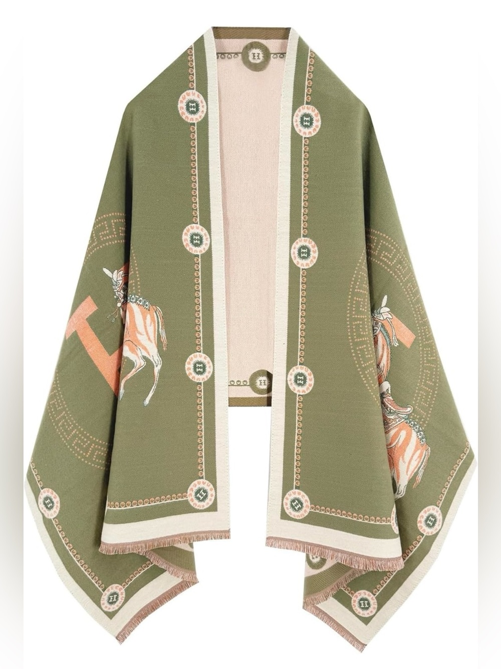 Olive Green Patterned Shawl Coat with Horse Motif